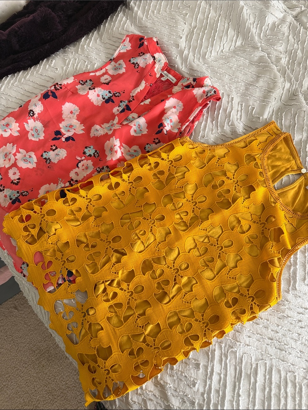 Coral and Mustard Yellow Floral Style/Cutout Sleeveless Tops 2pk